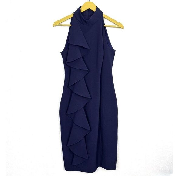 Eliza J Ruffle Front Navy Blue Sheath Dress Size 6 Sleeveless Timeless Capsule - Picture 1 of 10